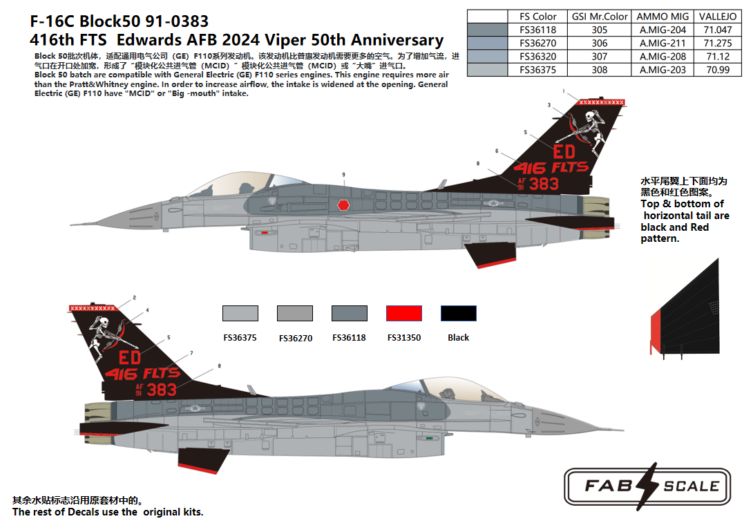 FabScale Studio FD48029 1:48 F-16C Block50 91-0383 416th FTS Edwards AFB 2024 Viper 50th Anniversary