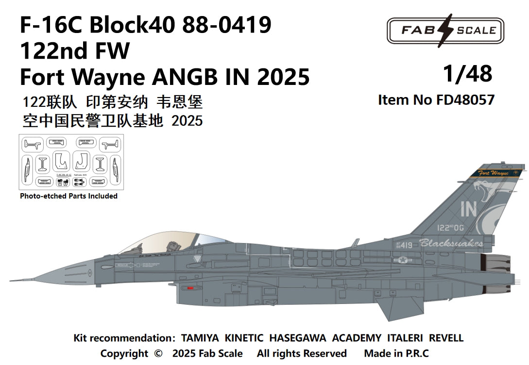 FabScale Studio FD48057 1:48 F-16C Block 40 122nd FW Fort Wayne ANGB IN 2025 Photo-etched Parts Included