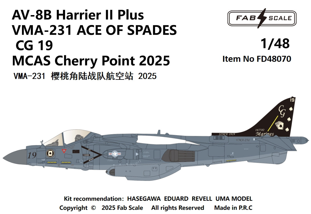 FabScale Studio FD48070 1:48 AV-8B Harrier II Plus VMA-231 ACE OF SPADES CG 19 MCAS Cherry Point 2025