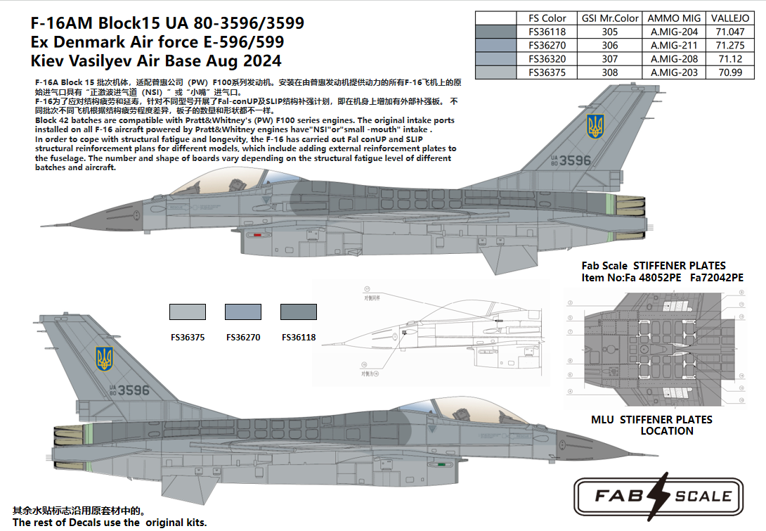 FabScale Studio FD72014 1:72 Ukraine AF F-16AM Block 15 with Terma PIDS+ Pylons Kiev Vasilyev Air Base Aug 2024????? General-Dynamics F-16AM Block 15