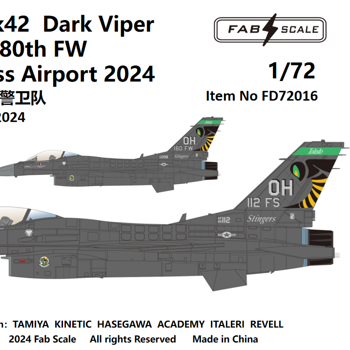 FabScale Studio FD72016 1:72 USAF F-16CM Fighting Falcon Block 42 Dark Viper 112th FS & 180th FW Toledo Express Airport 2024