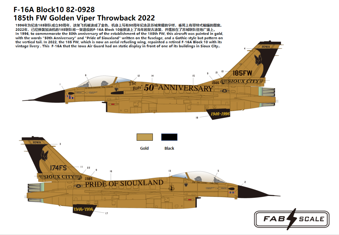 FabScale Studio FD72017 1:72 USAF Golden Viper Lockheed-Martin F-16C Block 30 /General-Dynamics F-16A Block 10 185th FW 1996/2022