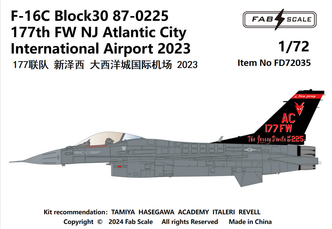 FabScale Studio FD72035 1:72 F-16C Block 30 87-0225 177th FW NJ Atlantic City International Airport 2023