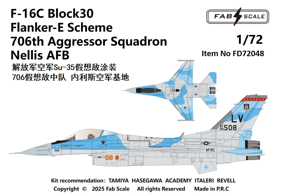 FabScale Studio FD72048 1:72 F-16C Fighting Falcon Block 30 Flanker-E Scheme 706th Aggressor Squadron Nellis AFB
