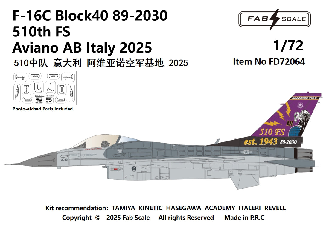 FabScale Studio FD72064 1:72 F-16C Block 40 89-2030 510th FS Aviano AB Italy 2025