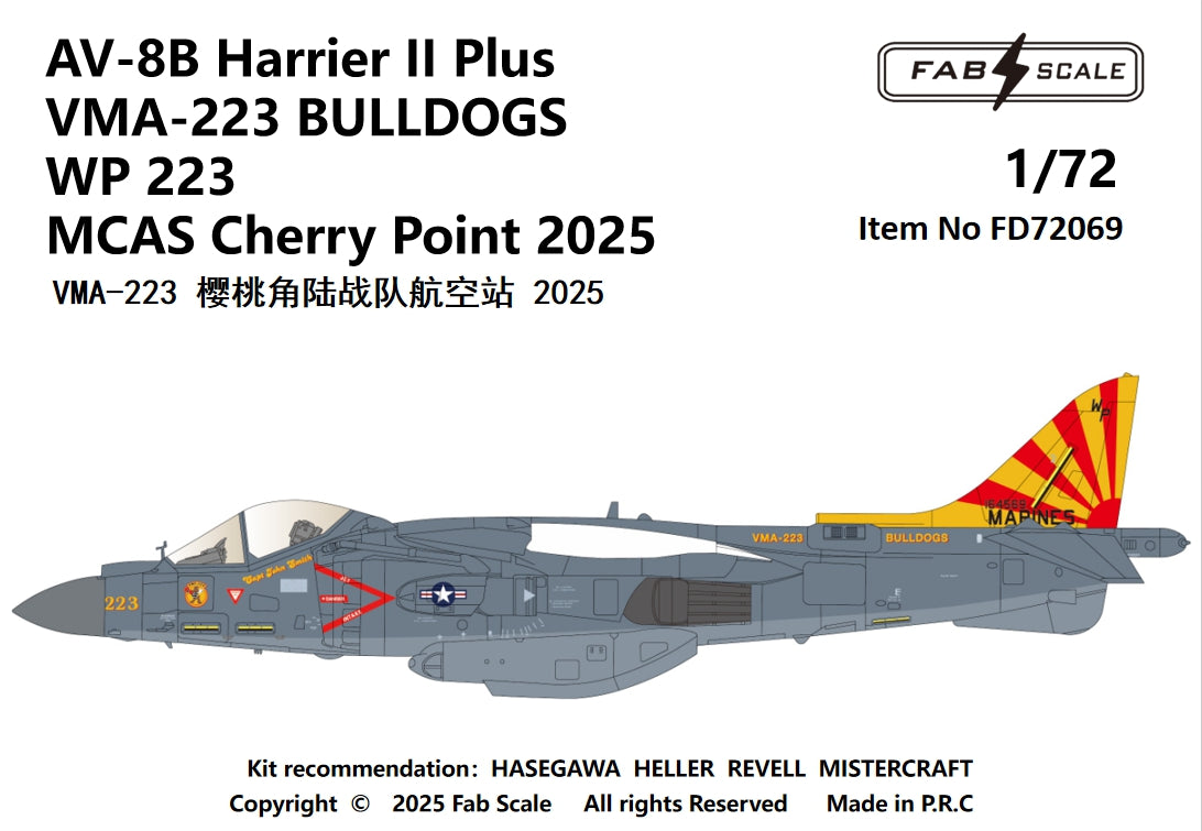 FabScale Studio FD72069 1:72 AV-8B Harrier II Plus VMA-223 BULLDOGS  WP223 MCAS Cherry Point 2025