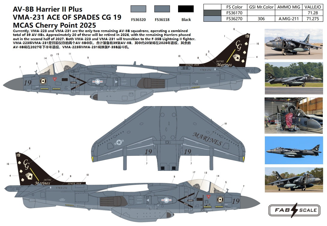 FabScale Studio FD72070 1:72 AV-8B Harrier II Plus VMA-231 ACE OF SPADES CG 19 MCAS Cherry Point 2025