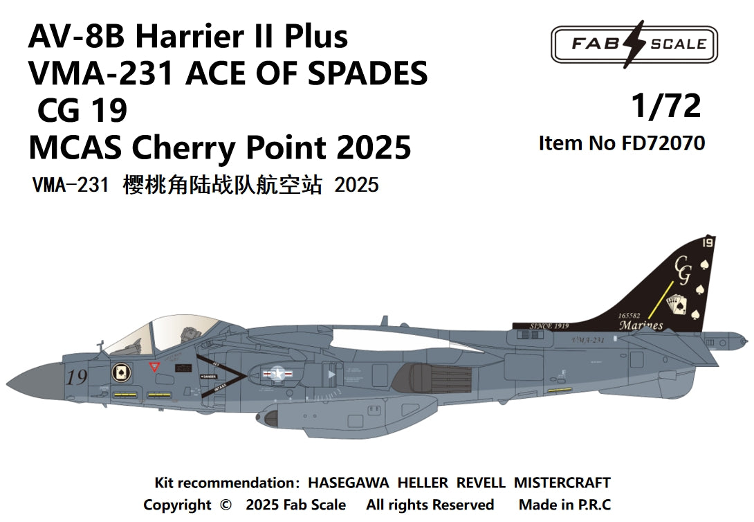 FabScale Studio FD72070 1:72 AV-8B Harrier II Plus VMA-231 ACE OF SPADES CG 19 MCAS Cherry Point 2025
