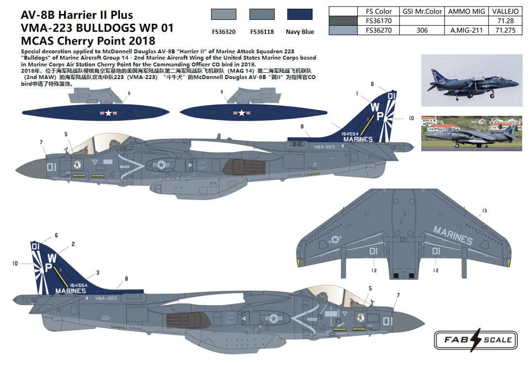 FabScale Studio FD72071 1:72 AV-8B Harrier II Plus VMA-223 BULLDOGS WP 01 MCAS Cherry Point 2018