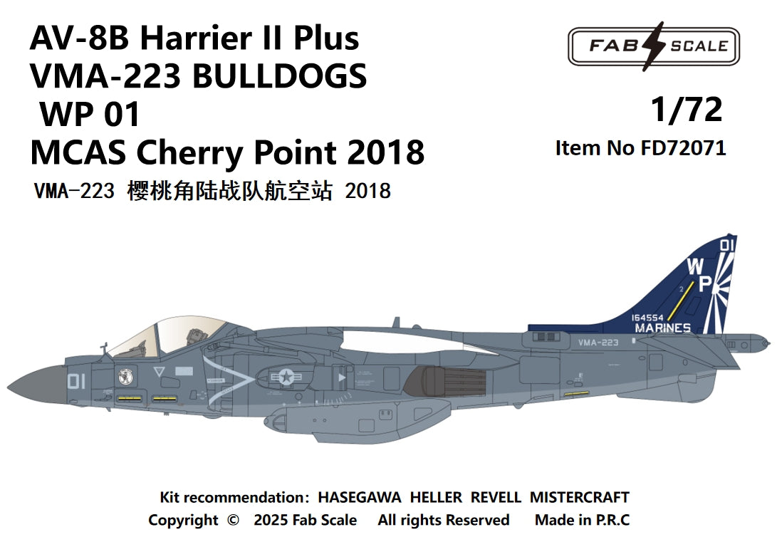 FabScale Studio FD72071 1:72 AV-8B Harrier II Plus VMA-223 BULLDOGS WP 01 MCAS Cherry Point 2018