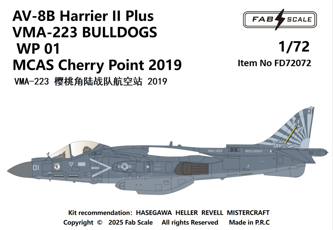 FabScale Studio FD72072 1:72 AV-8B Harrier II Plus VMA-223 BULLDOGS WP 01 MCAS Cherry Point 2019