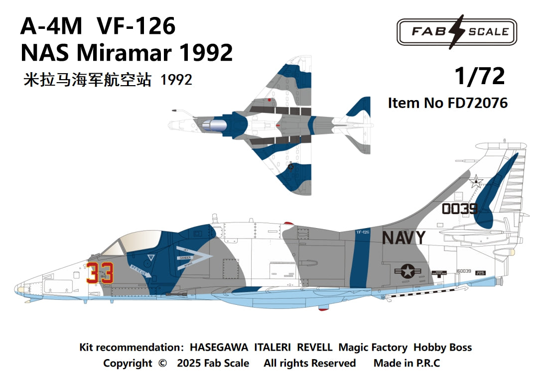 FabScale Studio FD72076 1:72 Douglas A-4M Skyhawk VF-126 NAS Miramar 1992