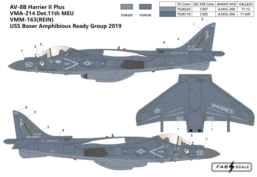 FabScale Studio FD72079 1:72 McDonnell-Douglas AV-8B+ Harrier VMA-214 Det.11th MEU 2019