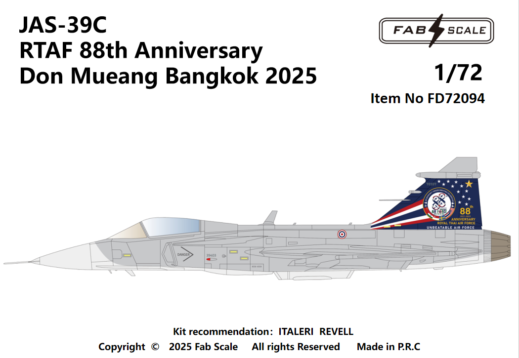 FabScale Studio FD72094 1:72 Saab JAS-39C RTAF 88th Anniversary Don Mueang Bangkok 2025