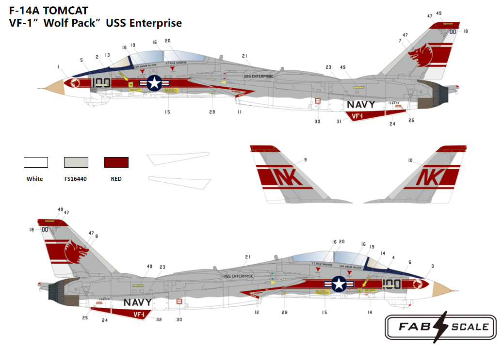 FabScale Studio FD72126 1:72 F-14A TOMCAT VF-1 Wolf Pack USS Enterprise