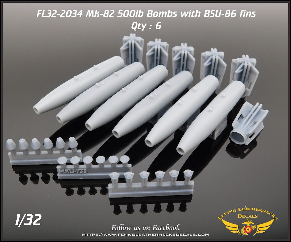 Flying Leathernecks FL32-2034 1:32 Mk-82 with BSU-86 retarded fin (3D-Printed) 6 bombs