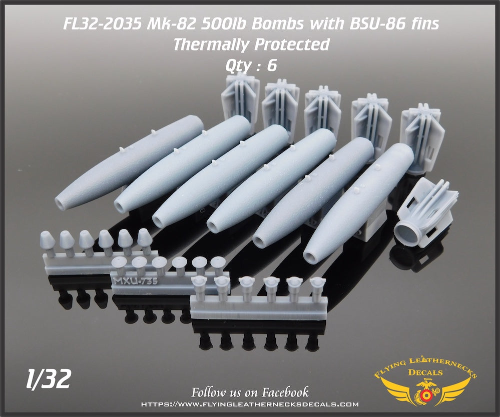 Flying Leathernecks FL32-2035 1:32 Mk-82 thermally protected with BSU-86 retarded fin (3D-Printed) 6 bombs