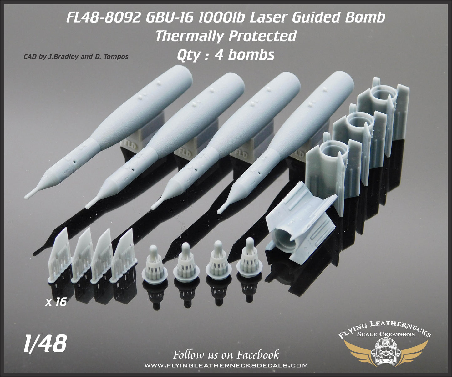 Flying Leathernecks FL48-8092 1:48 GBU-16 1000lb Laser Guided Bomb (4) - Thermally Protected 3D-printed