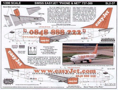 Scaleliners SL237 1:200 Boeing 737-300 easyJet HB-IIB Web site and Swiss Phone Number combo