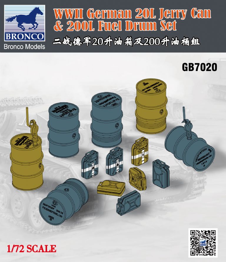 Bronco Models GB7020 1:72 WWII German 20L Jerry Can & 200L Fuel Drum Set