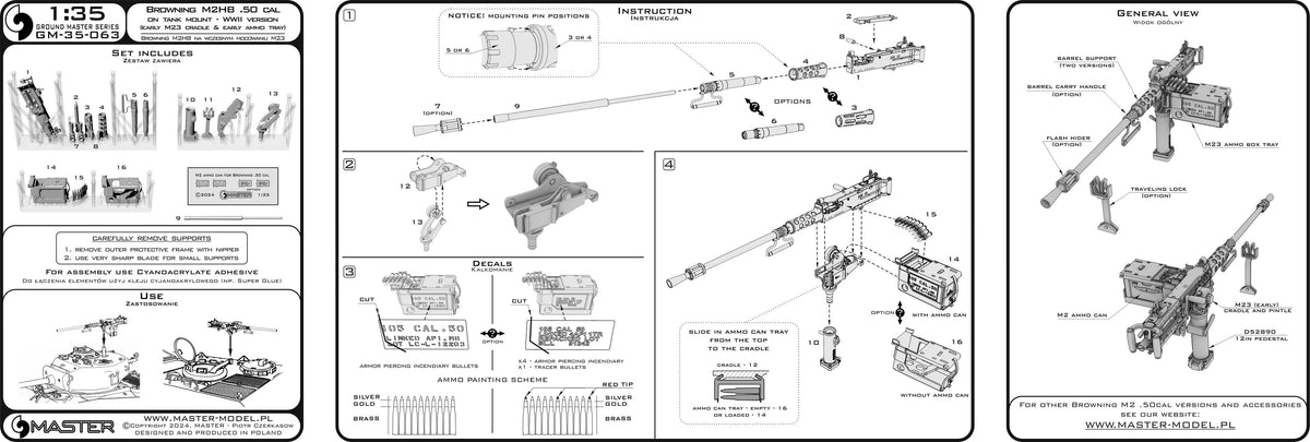 Master GM-35-063 1:35 Browning M2HB .50cal (12,7mm) Machine Gun on Tank Mount WWII Version (Early M23 Cradle with Early Tray)