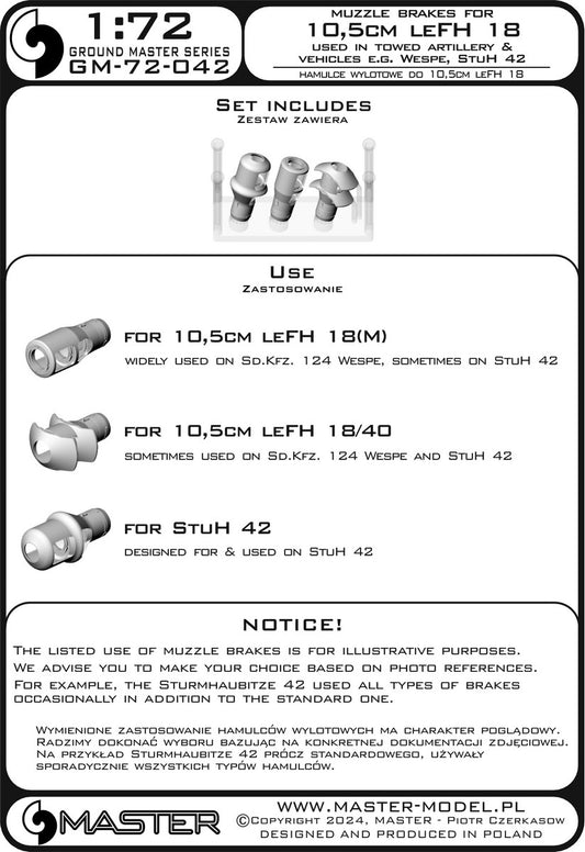 Master GM-72-042 1:72 Muzzle brakes for 10,5cm leFH 18(M), leFH 18/40, StuH 42
