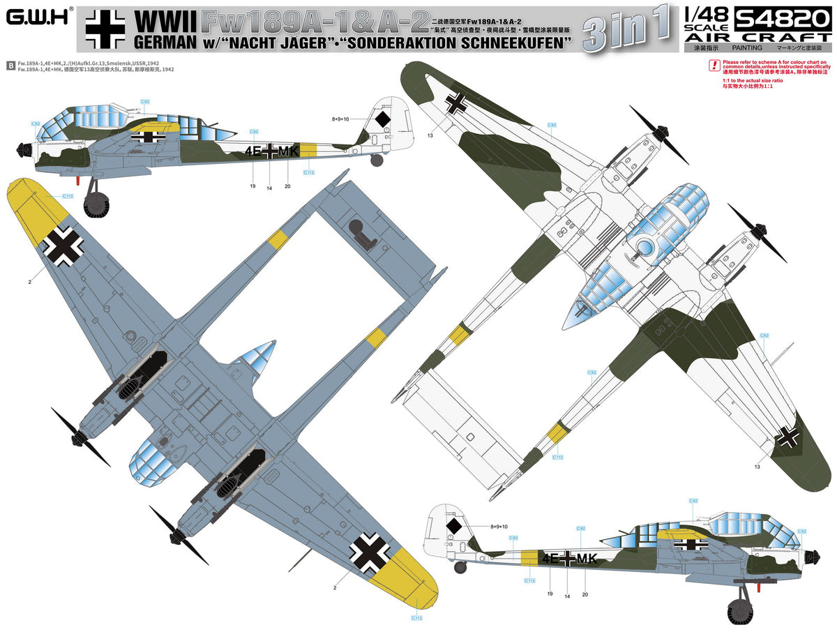 Great Wall Hobby S4820 1:48 Focke-Wulf Fw-189A1 &A2 with 'Nacht Jager' & 'Sonderaktion Schneekufen' 3 in 1