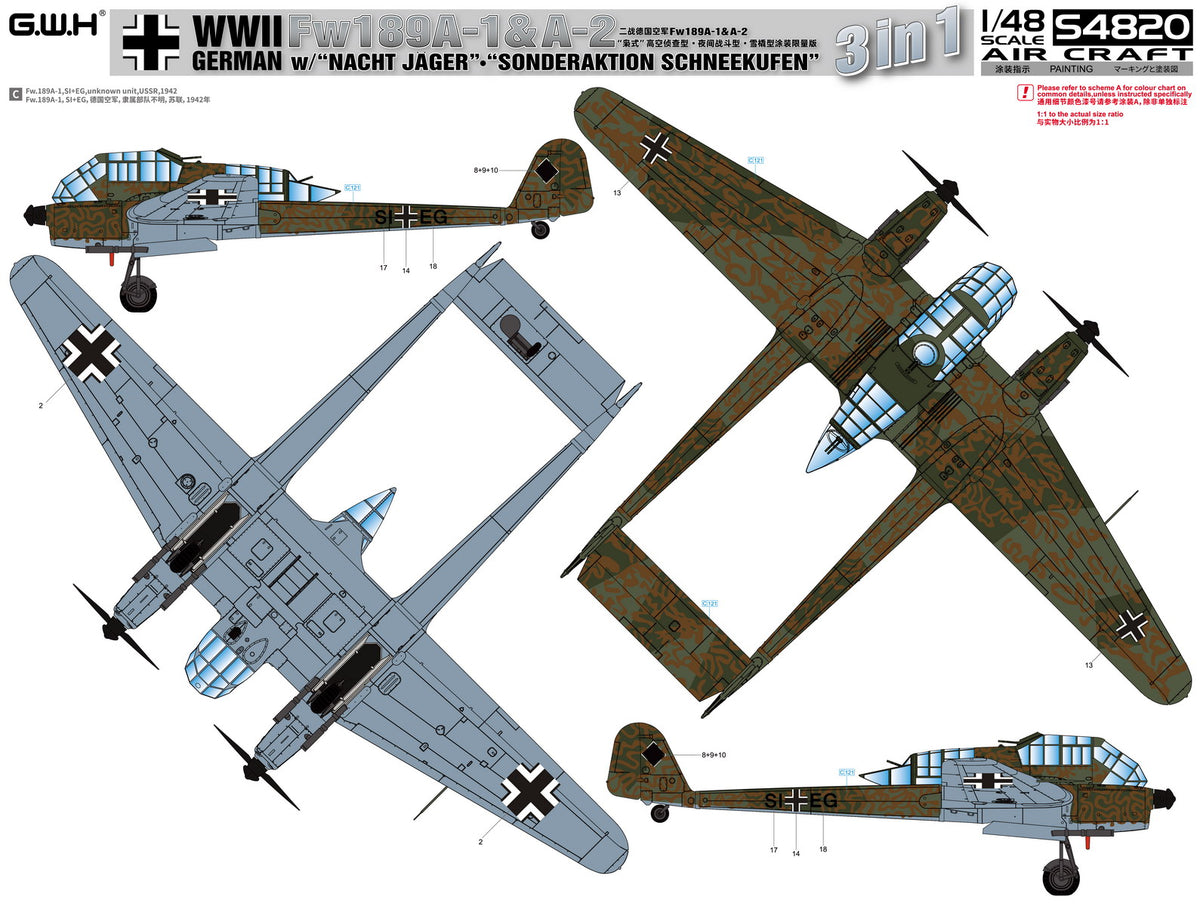 Great Wall Hobby S4820 1:48 Focke-Wulf Fw-189A1 &A2 with 'Nacht Jager' & 'Sonderaktion Schneekufen' 3 in 1