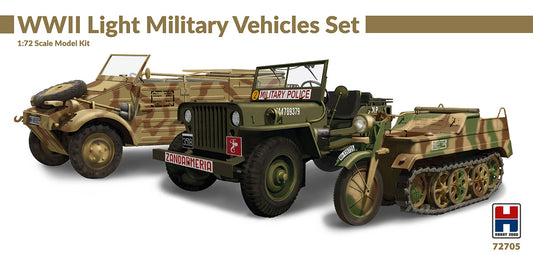 Hobby 2000 72705 1:72 WWII Light Military Vehicles Set Kubelwagen, Sd.Kfz.2 Kettenkrad, Willys Jeep