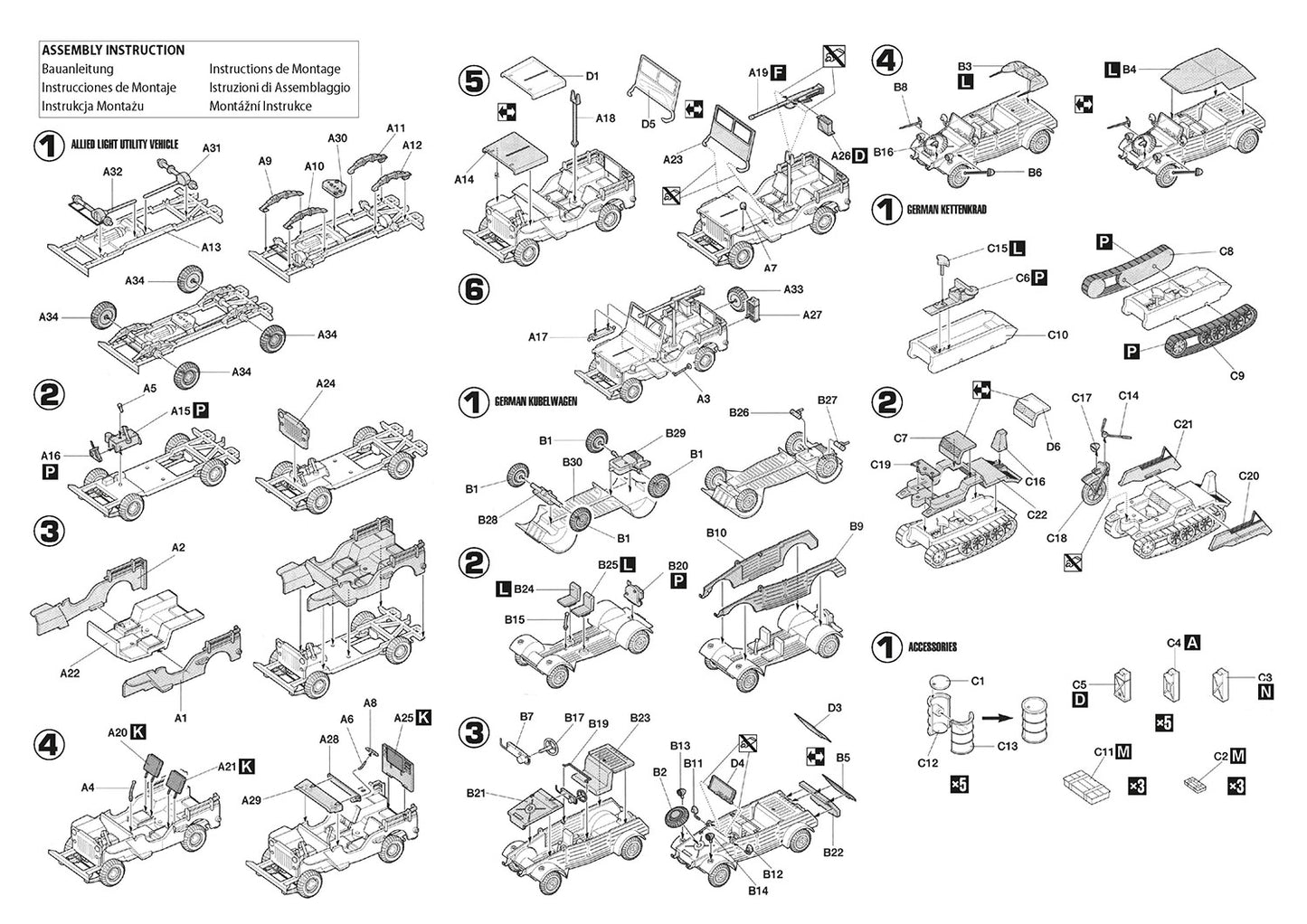 Hobby 2000 72705 1:72 WWII Light Military Vehicles Set Kubelwagen, Sd.Kfz.2 Kettenkrad, Willys Jeep