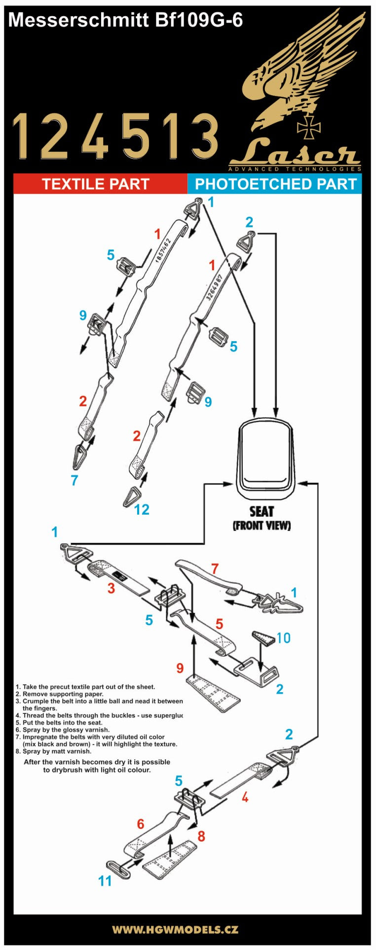 HGW 124513 1:24 Messerschmitt Bf-109G-6 Pre-cut (Laser) Seatbelts