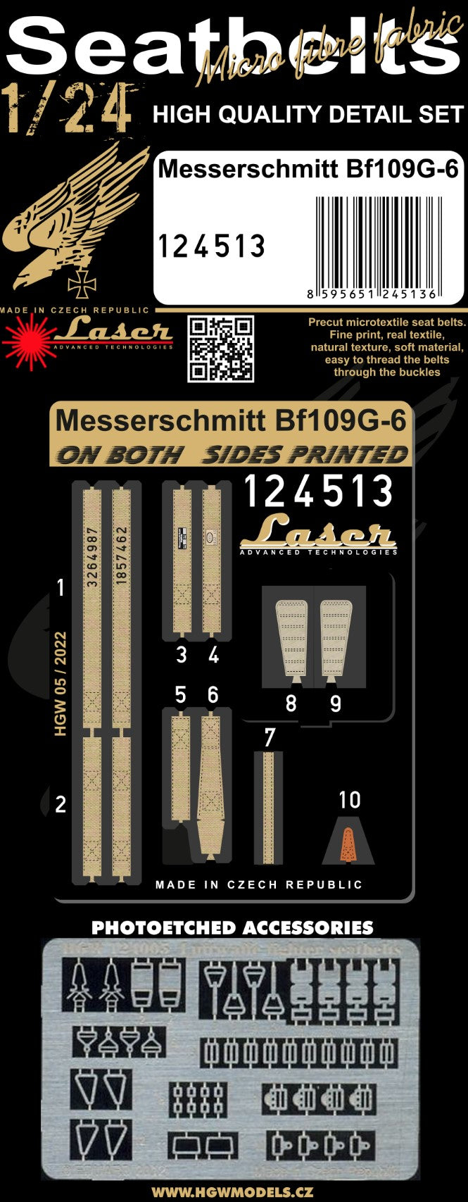 HGW 124513 1:24 Messerschmitt Bf-109G-6 Pre-cut (Laser) Seatbelts