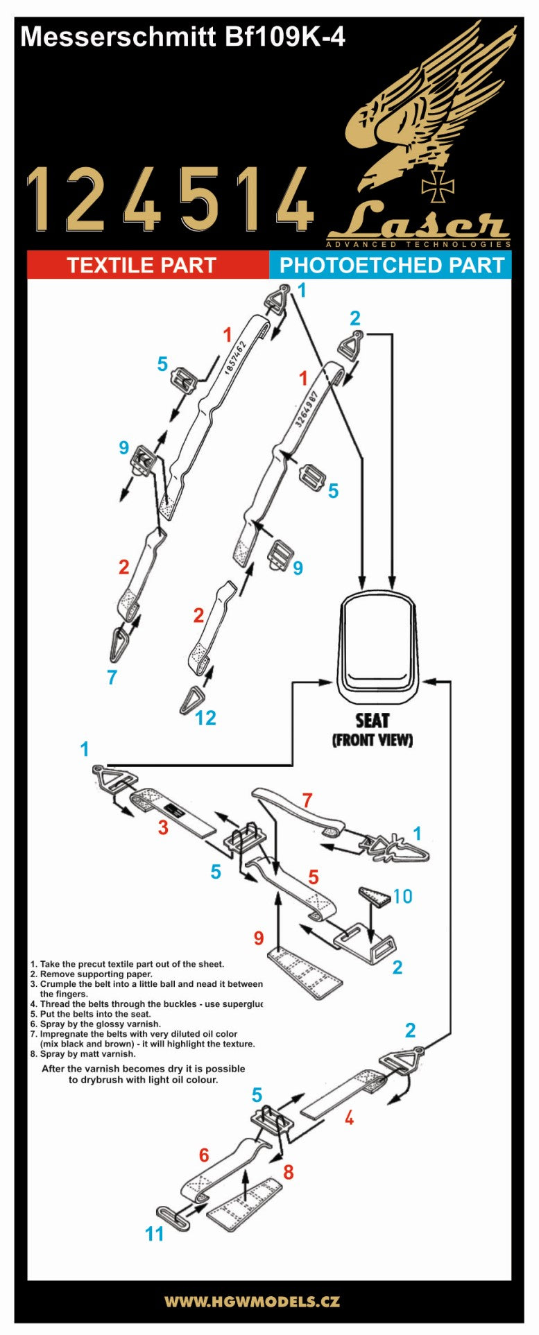 HGW 124514 1:24 Messerschmitt Bf-109K-4 Pre-cut (Laser) Seatbelts