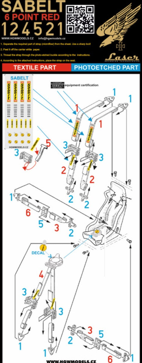 HGW HGW124521 1:24 SABELT 6 POINT RED - SEATBELTS