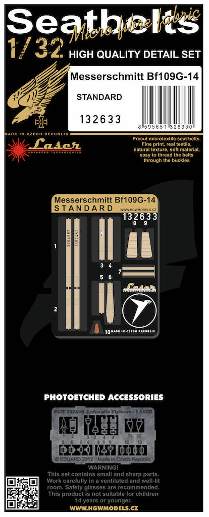 HGW 132633 1:32 Messerschmitt Bf-109G-14 pre-cut Seatbelts