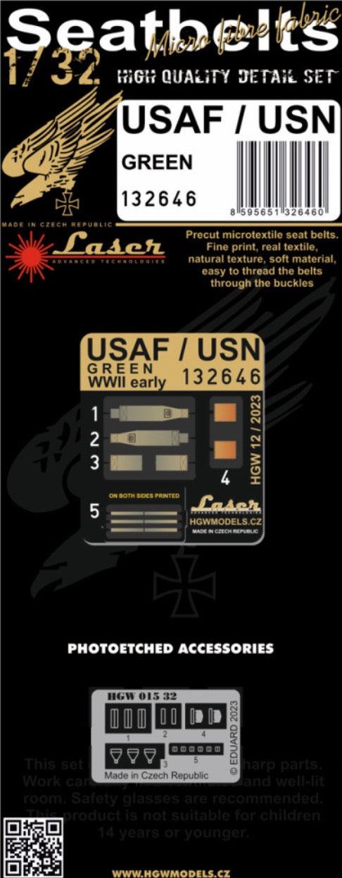 HGW HGW132646 1:32 USAF / USN EARLY WWII (GREEN) - SEATBELTS