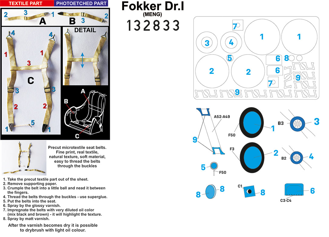 HGW 132833 1:32 Fokker Dr.I Triplane BASIC LINE: Seatbelts + Masks