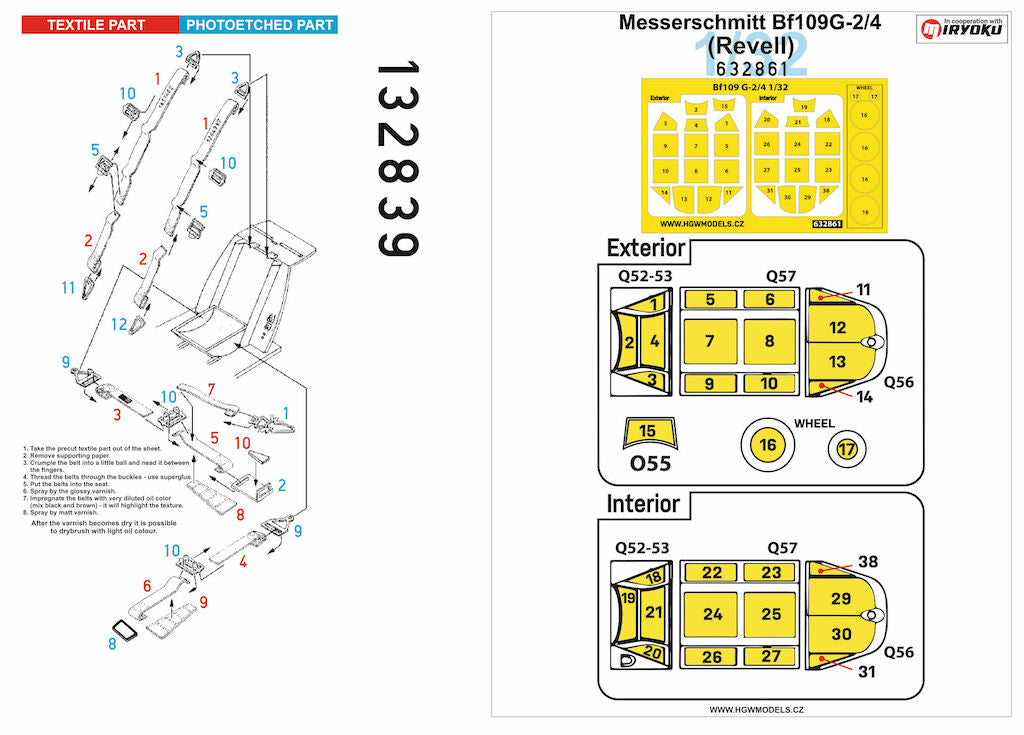 HGW 132839 1:48 Messerschmitt Bf-109G-2/4 BASIC LINE: seatbelts + masks