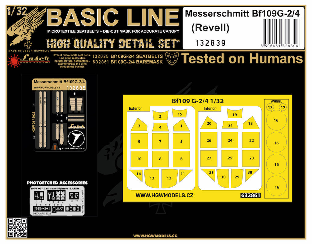 HGW 132839 1:48 Messerschmitt Bf-109G-2/4 BASIC LINE: seatbelts + masks