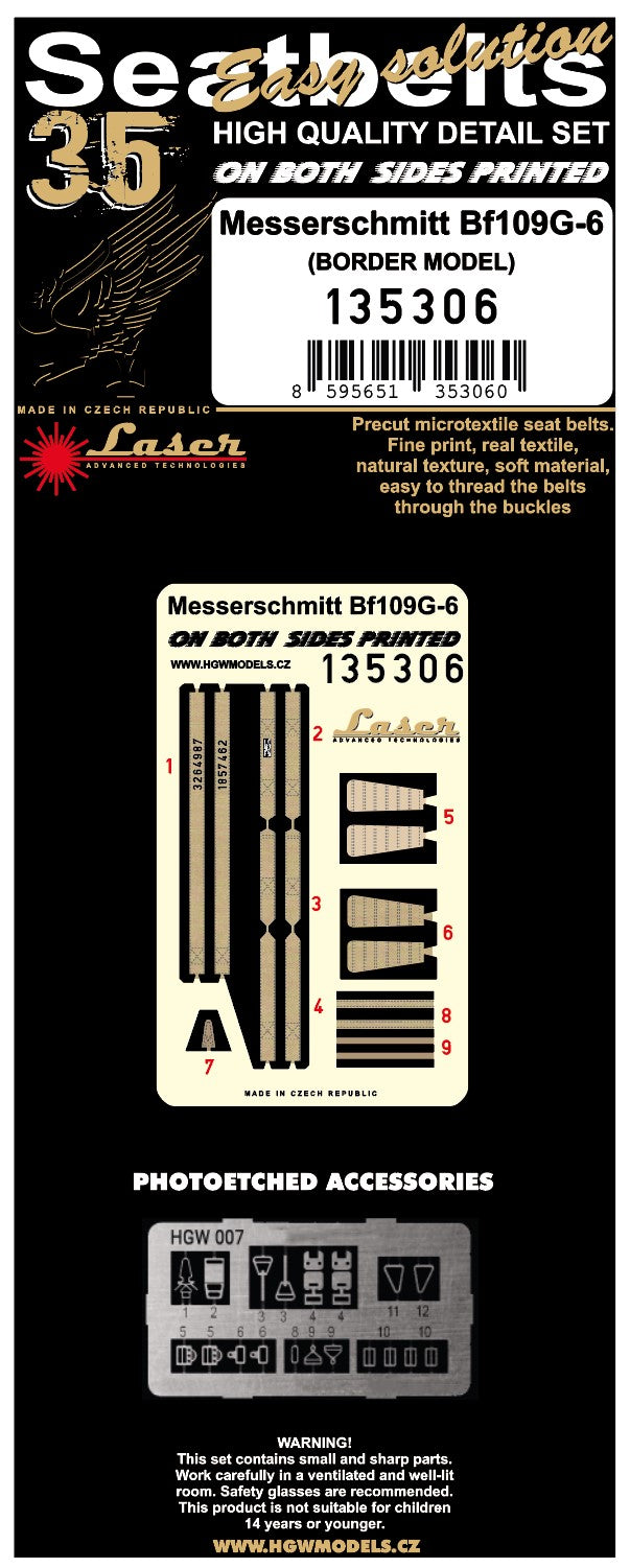 HGW 135306 1:35 Messerschmitt Bf-109G-6 Pre-Cut (Laser) Seatbelts