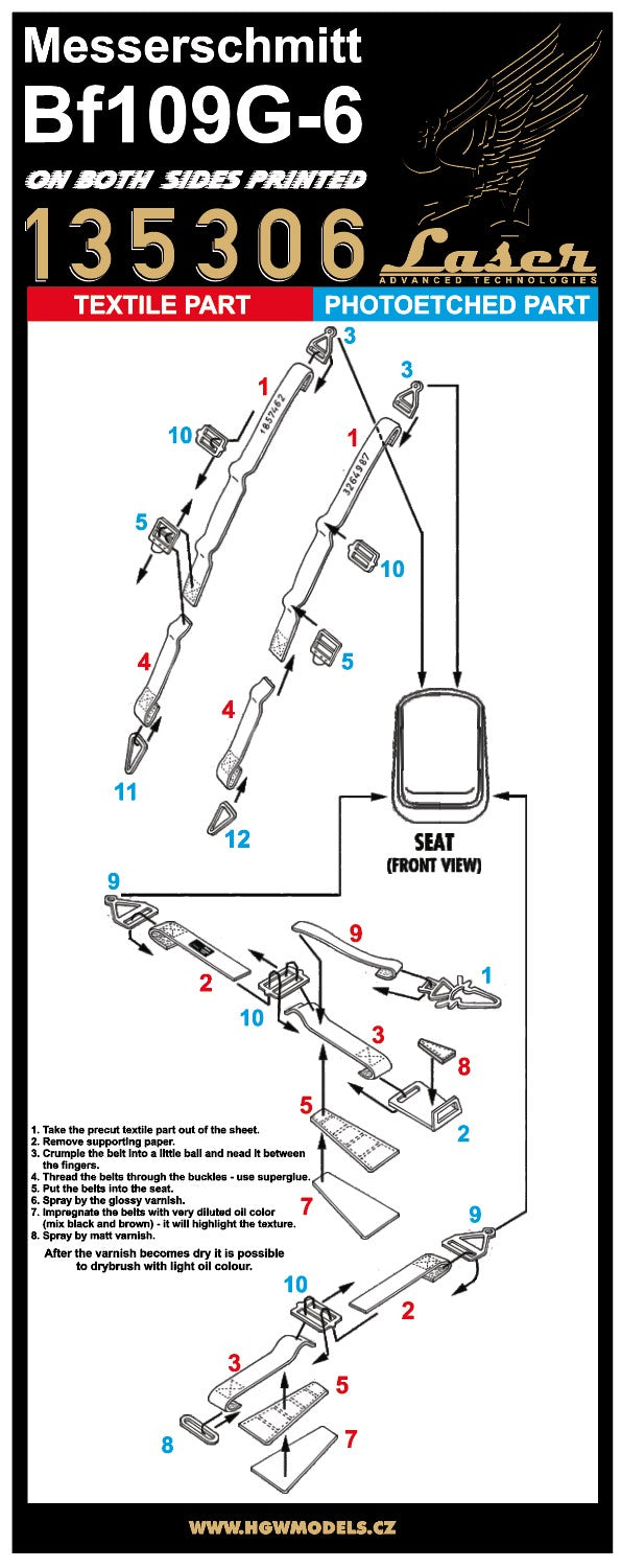 HGW 135306 1:35 Messerschmitt Bf-109G-6 Pre-Cut (Laser) Seatbelts