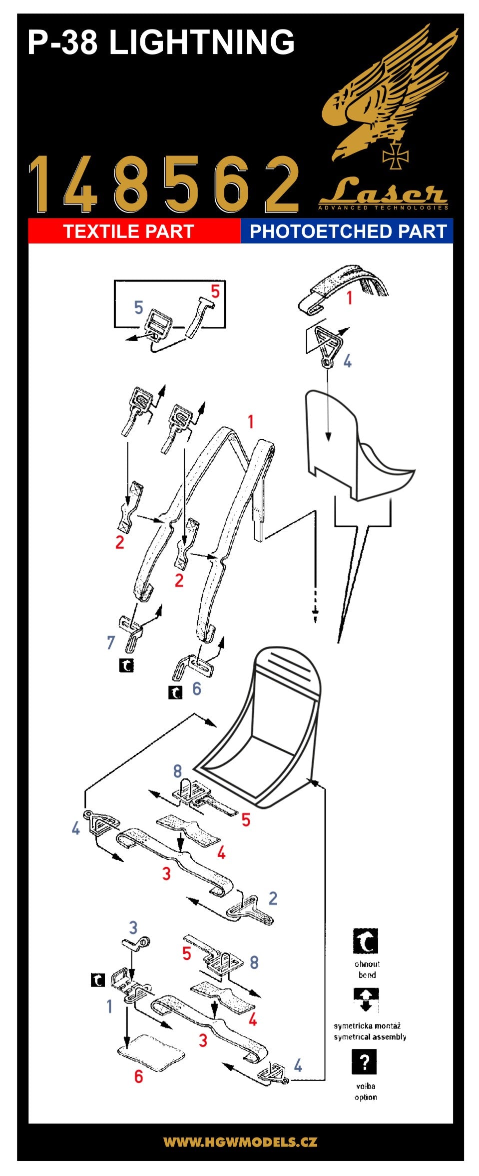 HGW 148562 1:48 Lockheed P-38F/G Lightning Pre-Cut (Laser) Seatbelts