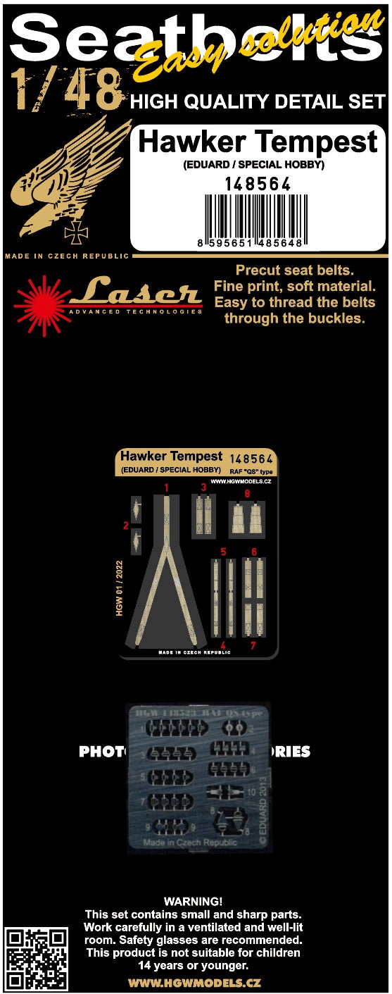 HGW 148564 1:48 Hawker Tempest Pre-Cut (Laser) Seatbelts