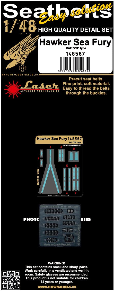 HGW 148567 1:48 Hawker Sea Fury - AF 'ZB' Type Pre-Cut (Laser) Seatbelts