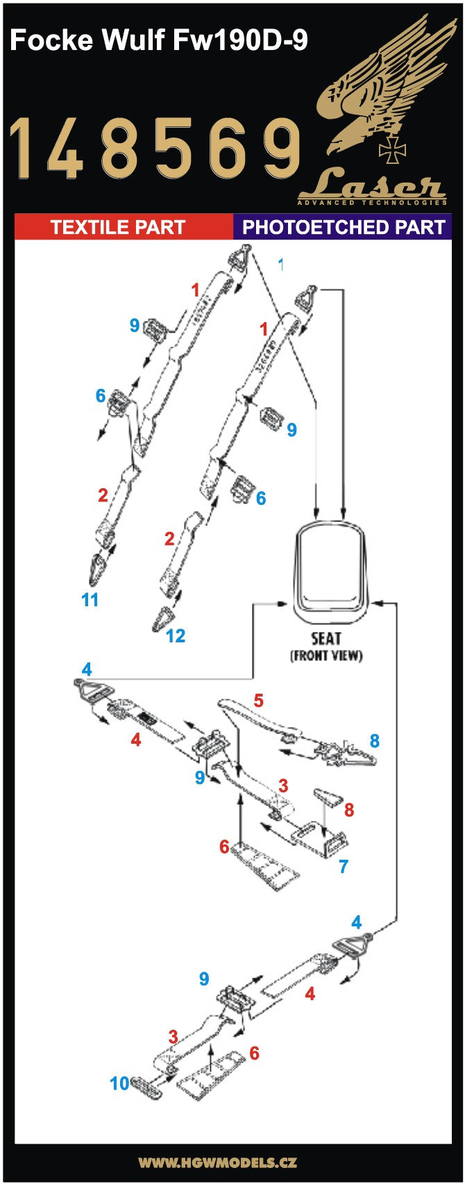 HGW 148569 1:48 Focke-Wulf Fw-190D-9 Pre-Cut (Laser) Seatbelts