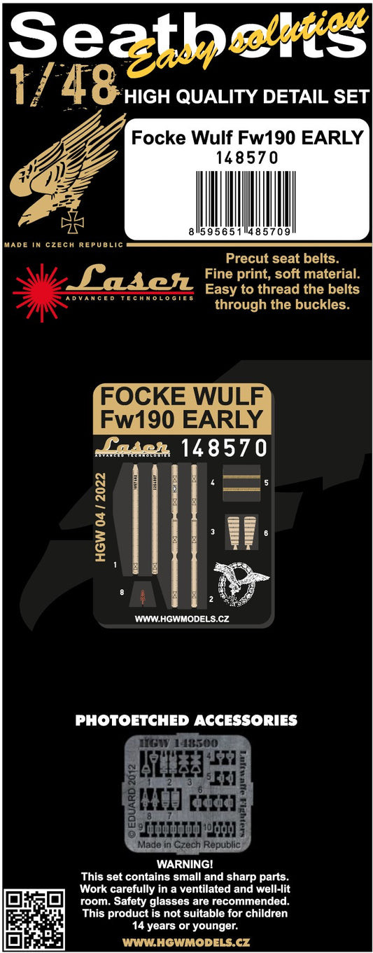 HGW 148570 1:48 Focke-Wulf Fw-190 Early Pre-Cut (Laser) Seatbelts