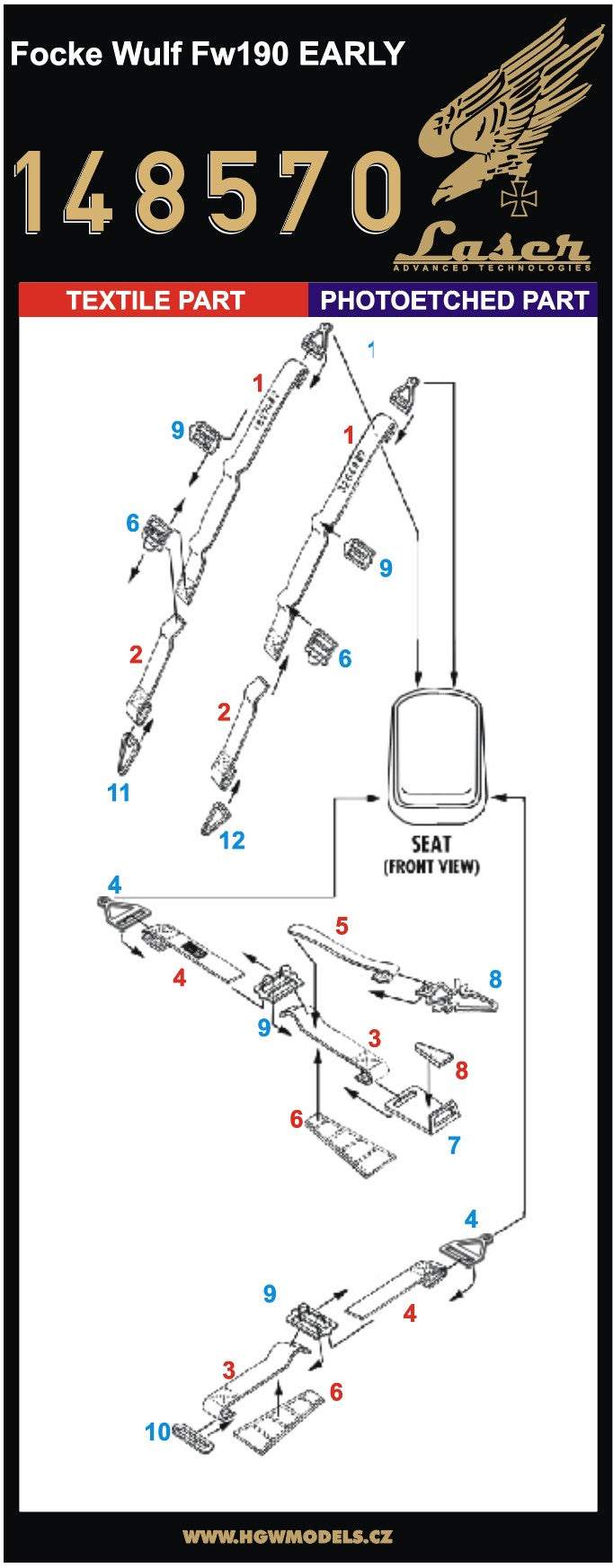 HGW 148570 1:48 Focke-Wulf Fw-190 Early Pre-Cut (Laser) Seatbelts