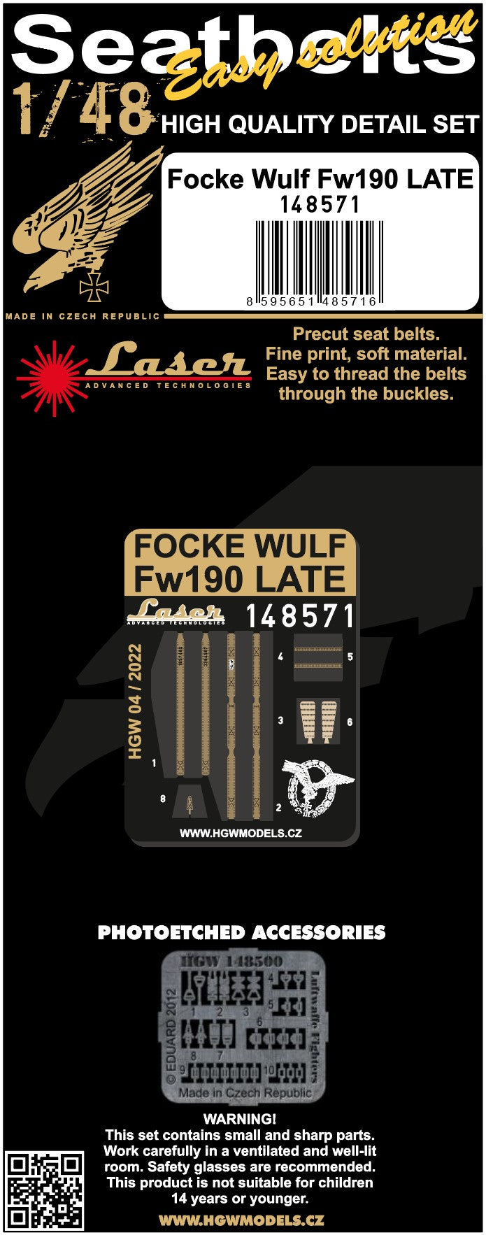 HGW 148571 1:48 Focke-Wulf Fw-190 Late Pre-Cut (Laser) Seatbelts