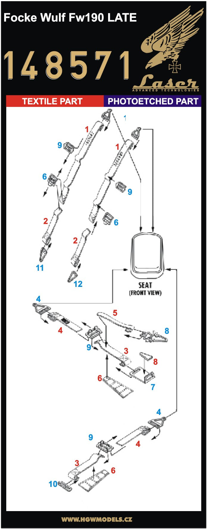 HGW 148571 1:48 Focke-Wulf Fw-190 Late Pre-Cut (Laser) Seatbelts