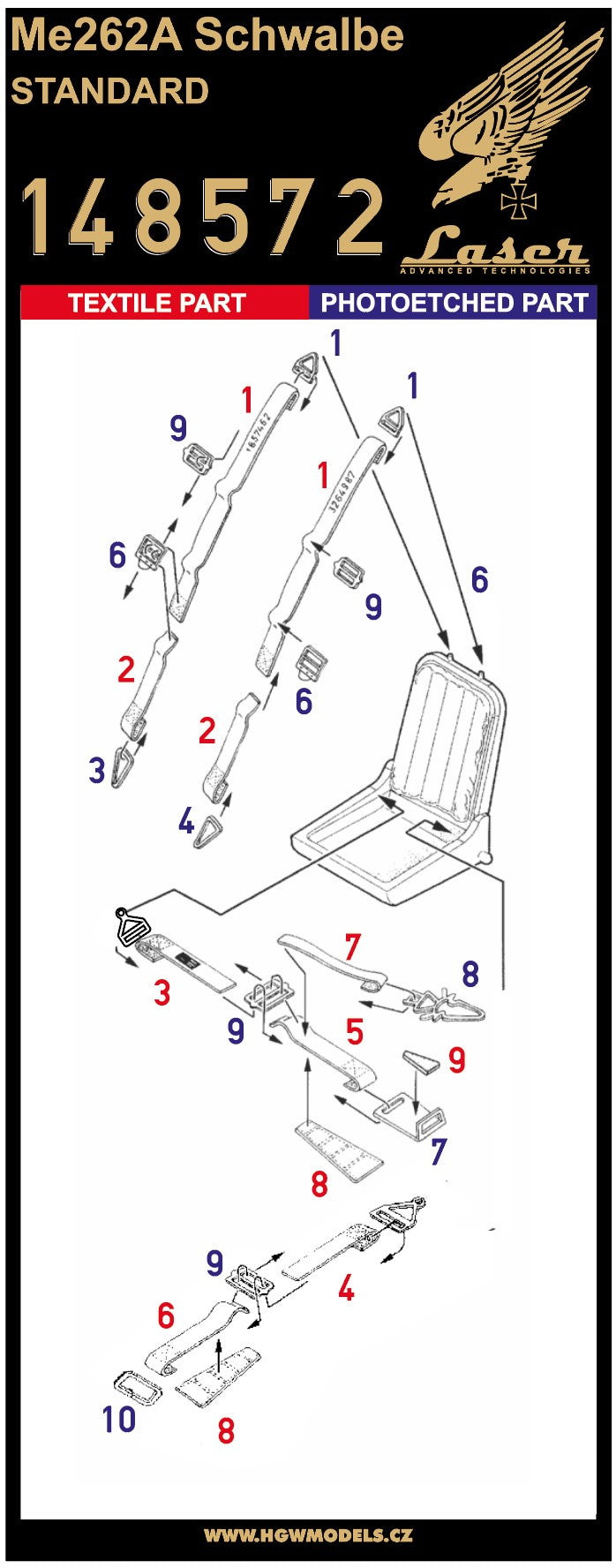 HGW 148572 1:48 Messerschmitt Me-262A Schwalbe (Standard) Pre-Cut (Laser) Seatbelts